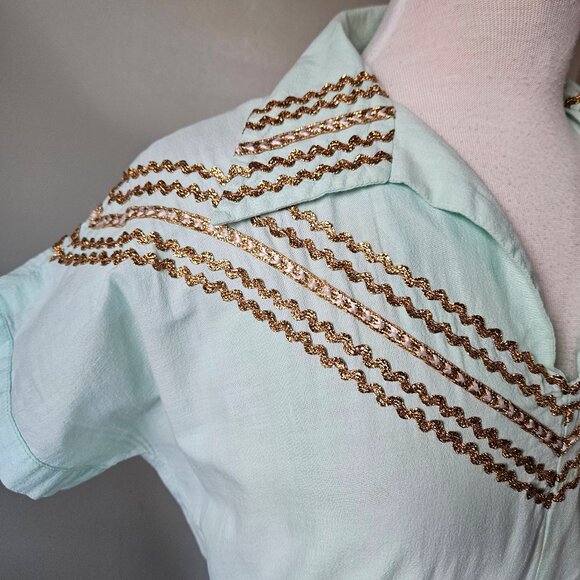 Vintage 50s 60s Blue Gold Patio Siesta Fiesta Squaw Southwestern Dress Medium - Picture 4 of 10